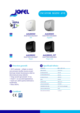 Uscator de maini cu senzor Ave, Jofel, plastic negru ABS [2]