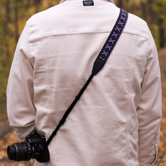 Curea - Strap din piele naturala pentru camere foto si aparate DSLR - Bleumarin cu motiv traditional [5]