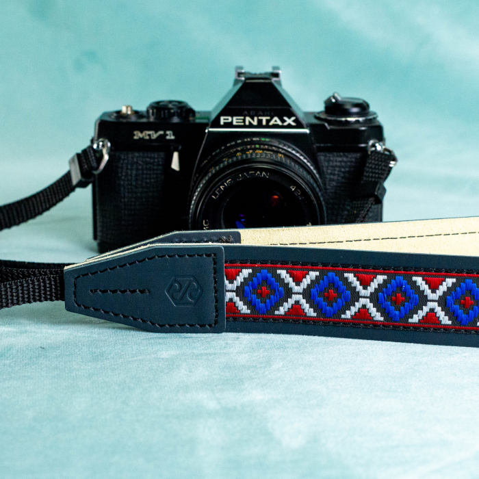 Curea - Strap din piele naturala pentru camere foto si aparate DSLR - Bleumarin cu motiv traditional [8]