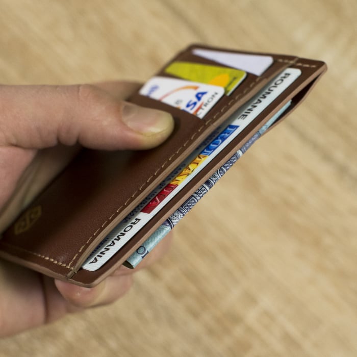 Portcard barbati, SLIM, din piele naturala, Maro cu finisaj Maro deschis [3]
