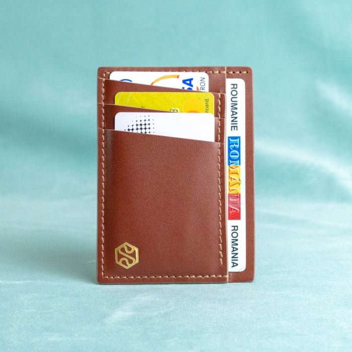 Portcard barbati, SLIM, din piele naturala, Maro cu finisaj Maro deschis [5]