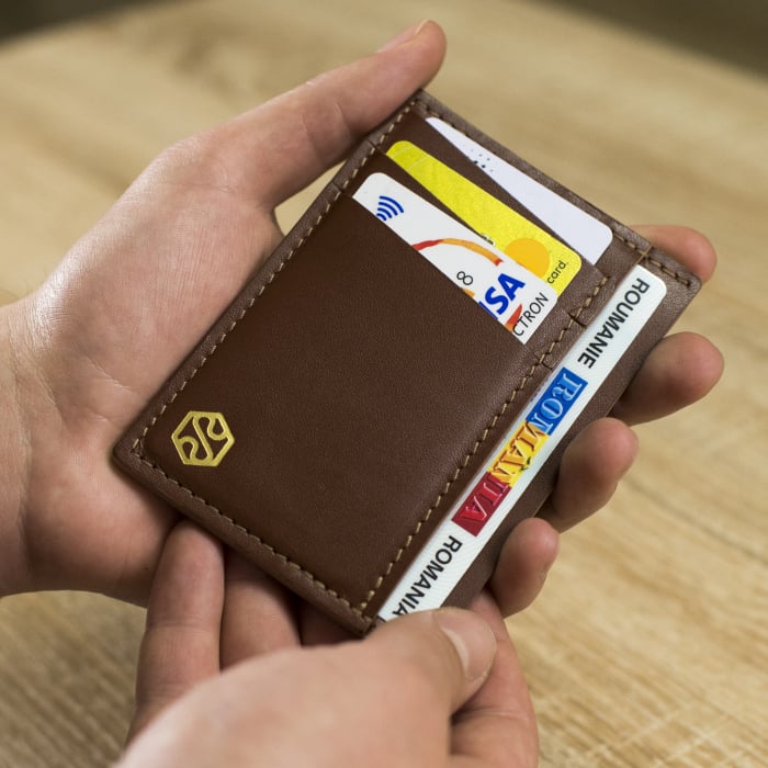 Portcard barbati, SLIM, din piele naturala, Maro cu finisaj Maro deschis [2]