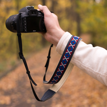 Curea - Strap din piele naturala pentru camere foto si aparate DSLR - Bleumarin cu motiv traditional [2]