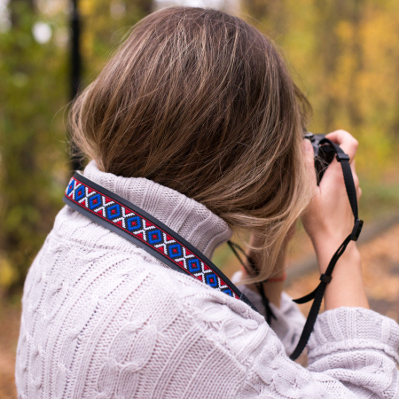 Curea - Strap din piele naturala pentru camere foto si aparate DSLR - Bleumarin cu motiv traditional [3]