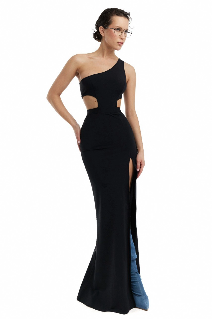 Rochie maxi pe un umăr, neagră [1]
