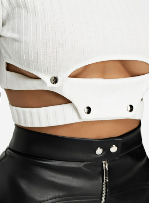 Top cu material texturat, Alb [3]