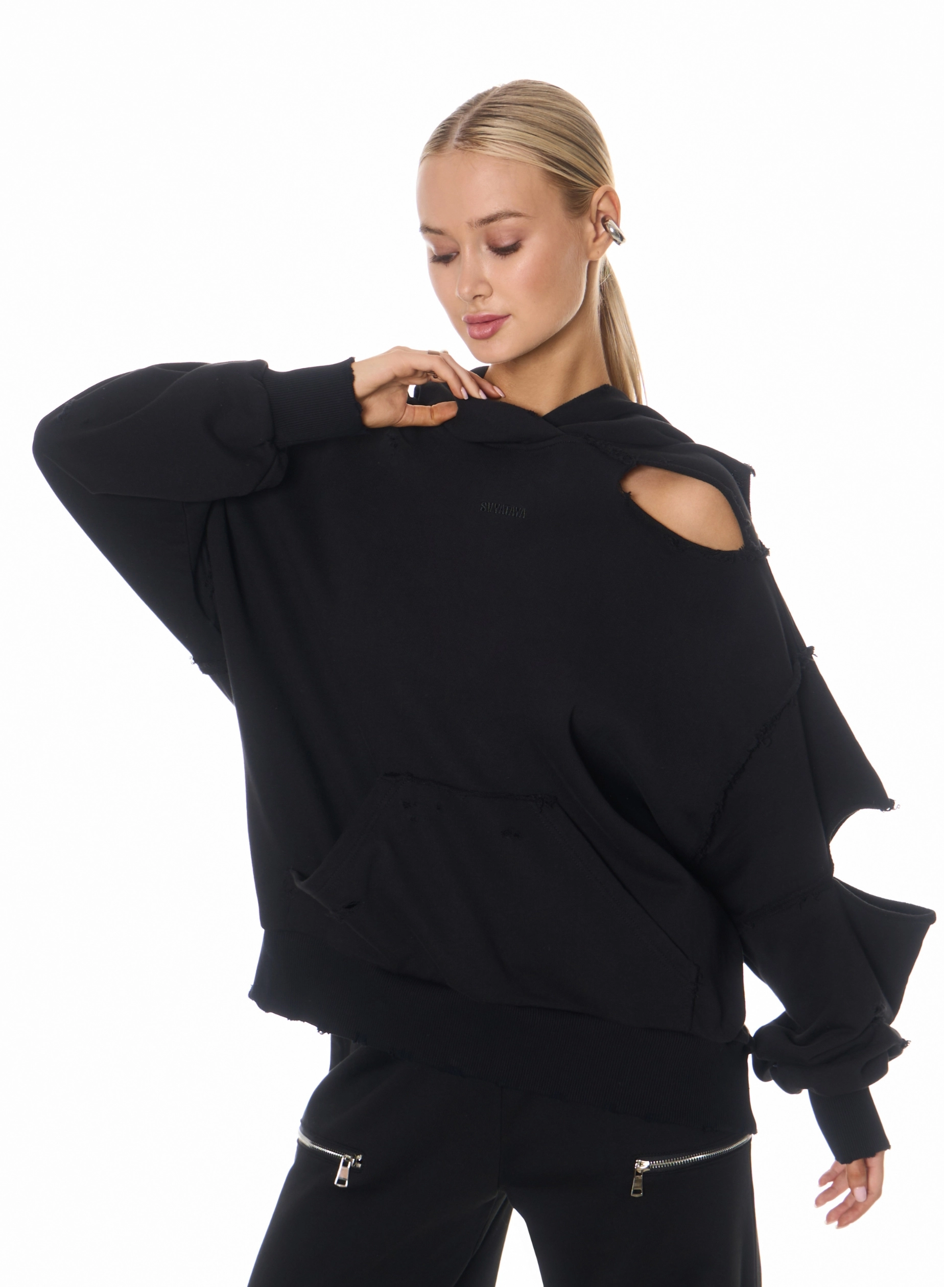 HANORACE - Hanorac cu efect rupt, cu buzunar plastit frontal