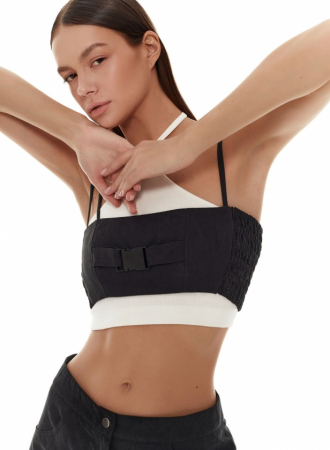 Top cu ornamente contrastante, negru [7]