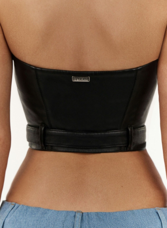 Top din piele ecologica cu decolteu central, negru [2]