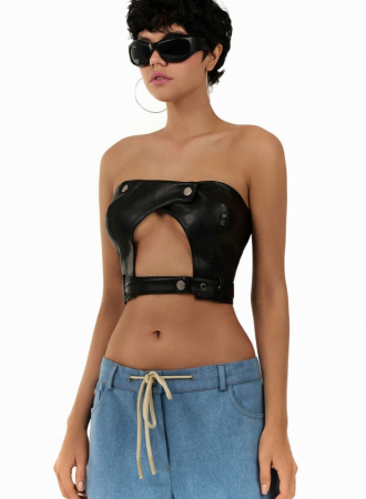 Top din piele ecologica cu decolteu central, negru [4]