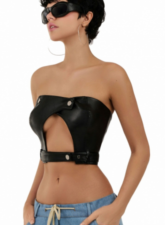TOPURI SI TRICOURI - Top din piele ecologica cu decolteu central, negru