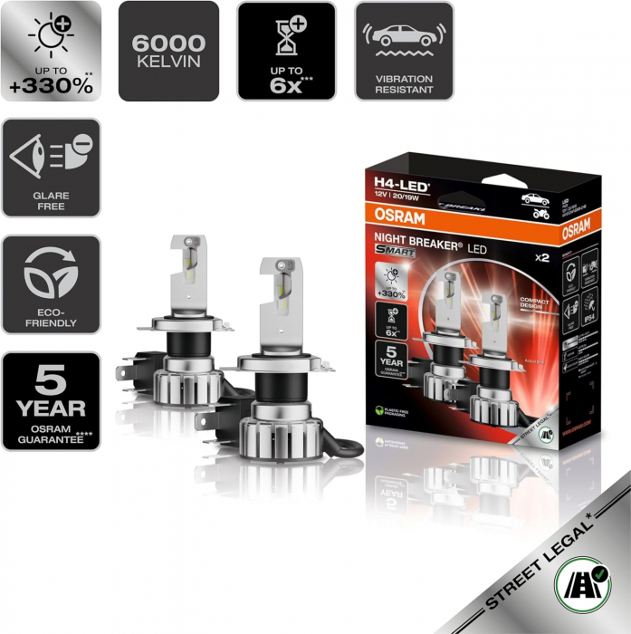 Set 2 H4 Osram Night Breaker Smart LED omologare RAR Street Legal +330% [3]