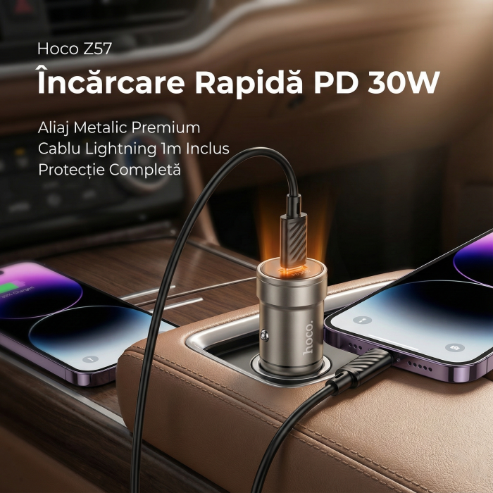 Incarcator Auto Rapid Hoco Z57, 30W Power Delivery, Port USB-C, Cablu Lightning 1m Inclus, Design Metalic, Auriu, Compatibil Apple [3]