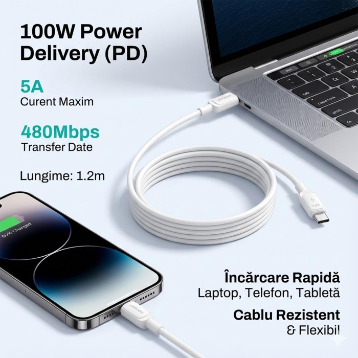 Cablu Date si Incarcare Rapida Joyroom S-CC100A14, USB-C, 100W Power Delivery, QC 3.0, 5A, Lungime 1.2m, Transfer Date 480Mbps, Alb, Compatibil Laptop si Telefon [2]