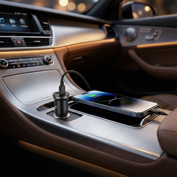 Incarcator Auto Rapid XO CC56, 30W, Dual Port USB + Type-C, PD & QC 3.0, Cablu Type-C Inclus, 12V/24V, Negru [2]