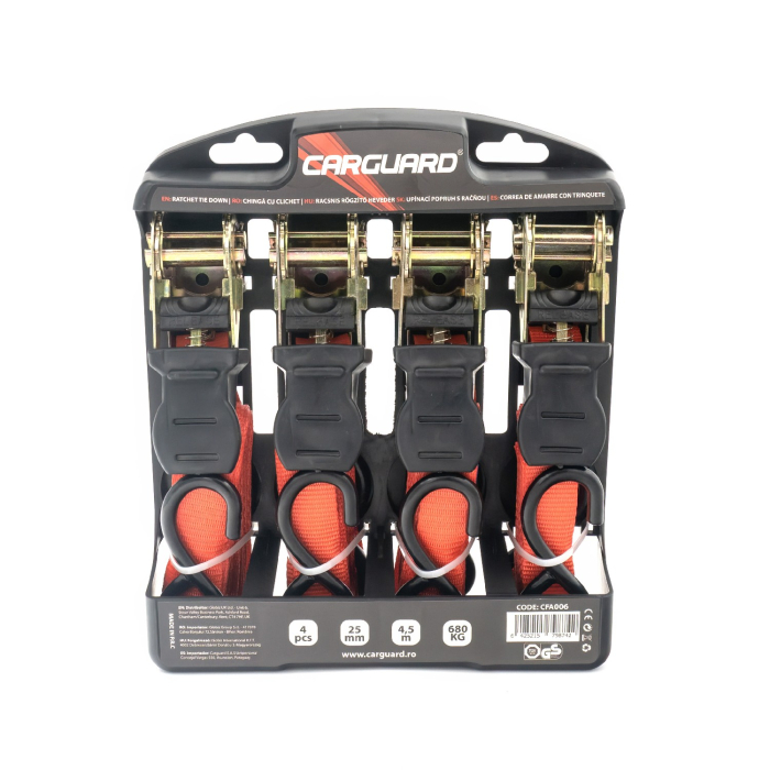 Set 4 Chingi Ancorare cu Clichet Carguard - 4.5m x 25mm - 680kg (Total 2.7 Tone) - Moto, ATV, Remorcă - Certificat TUV/GS [2]