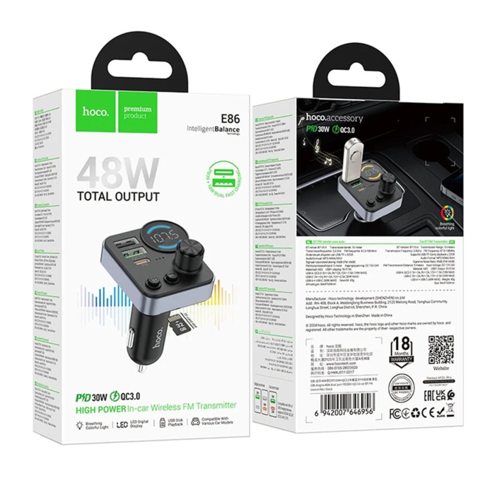 Modulator FM Bluetooth si Incarcator Auto Hoco E86, 48W Total, USB-C Power Delivery, 2x USB, Fast Charge, Hands-free, Negru [1]