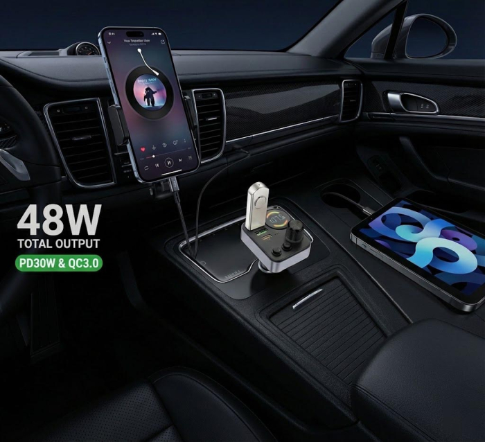 Modulator FM Bluetooth si Incarcator Auto Hoco E86, 48W Total, USB-C Power Delivery, 2x USB, Fast Charge, Hands-free, Negru [2]