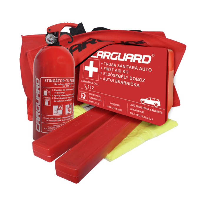 Kit Siguranță Auto Obligatoriu R.A.R. - Stingător Manometru & Trusă DIN 13164 (5 Piese) [1]