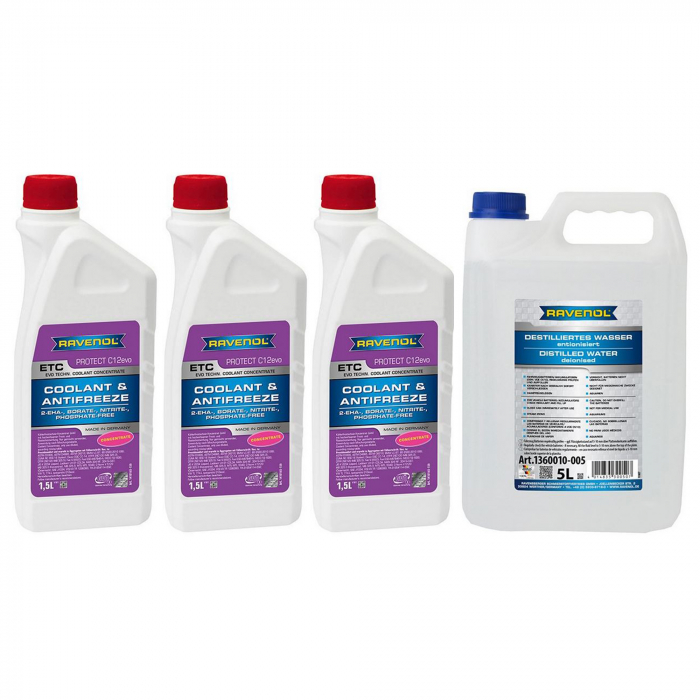 Pachet 9.5 litri antigel concentrat Ravenol ETC Protect C12EVO rosu si apa distilata