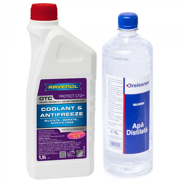 Pachet 2.5 litri antigel concentrat Ravenol OTC rosu si apa distilata