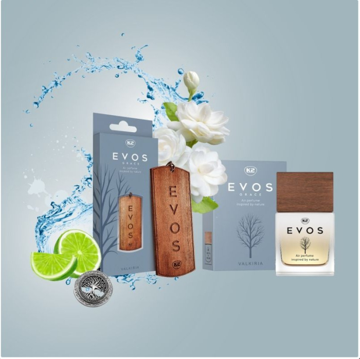 Pachet Complet Odorizant Auto K2 EVOS GRACE VALKIRIA: Pandantiv Lemn + Parfum Spray 50ml, Aromă Floral-Orientală (Bergamotă, Iasomie, Cacao) [2]