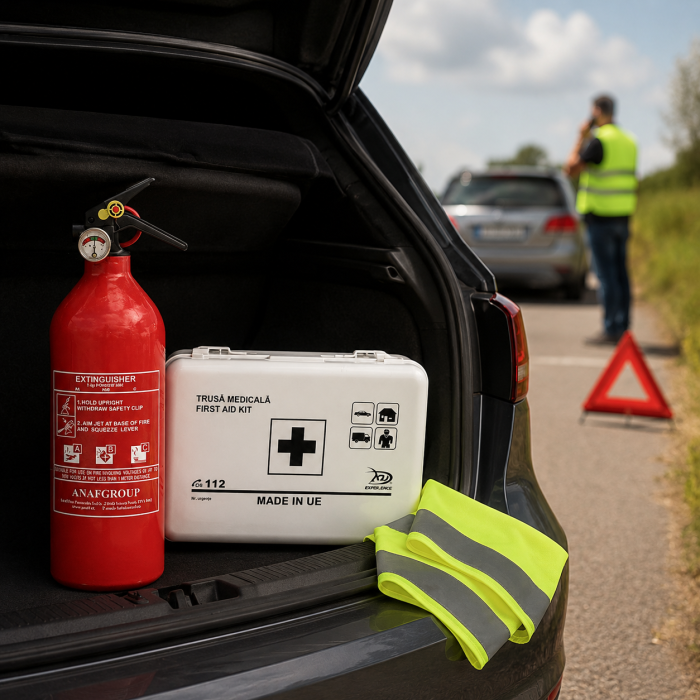 Pachet siguranta auto stingator 1 kg ABC si trusa medicala DIN 13164 + cadou vesta reflectorizanta [2]
