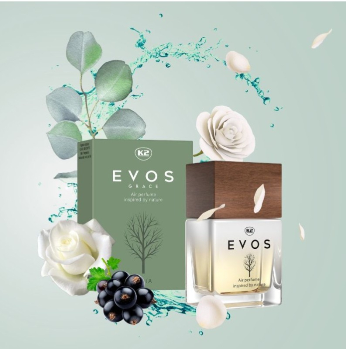 Parfum Auto Spray K2 EVOS GRACE GAIA 50ml, Aromă Floral-Chypre (Coacăze Negre, Trandafir, Paciuli), Sticlă cu Dop de Lemn [4]