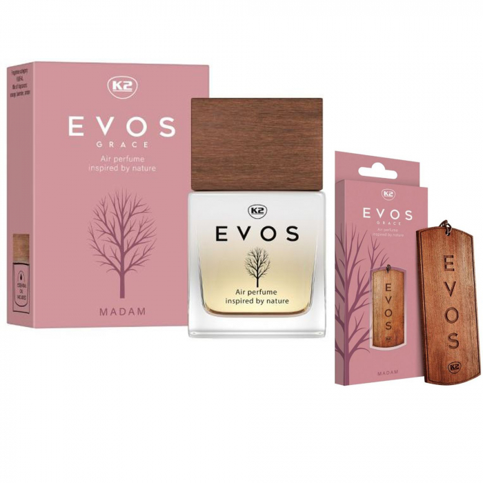 Pachet parfum auto K2 Evos Madam 50ml + odorizant auto pandantiv din lemn K2 Evos Madam (Dama)