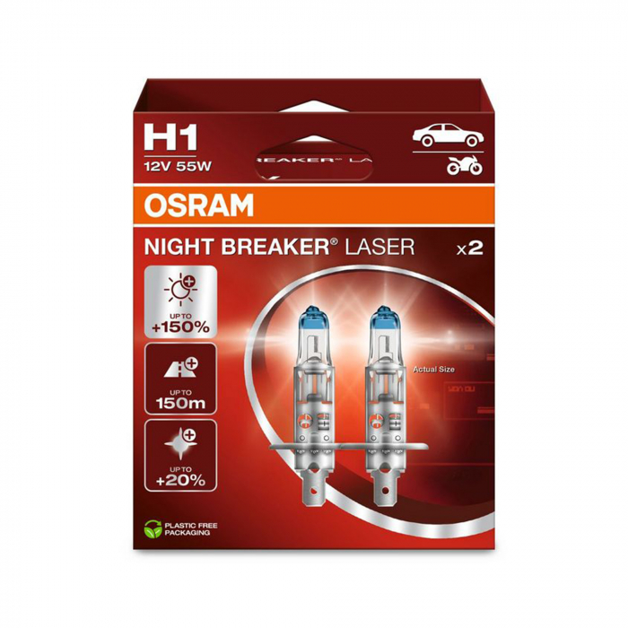 Set 2  bec halogen H1 Osram Night Breaker Laser NextGen +150%