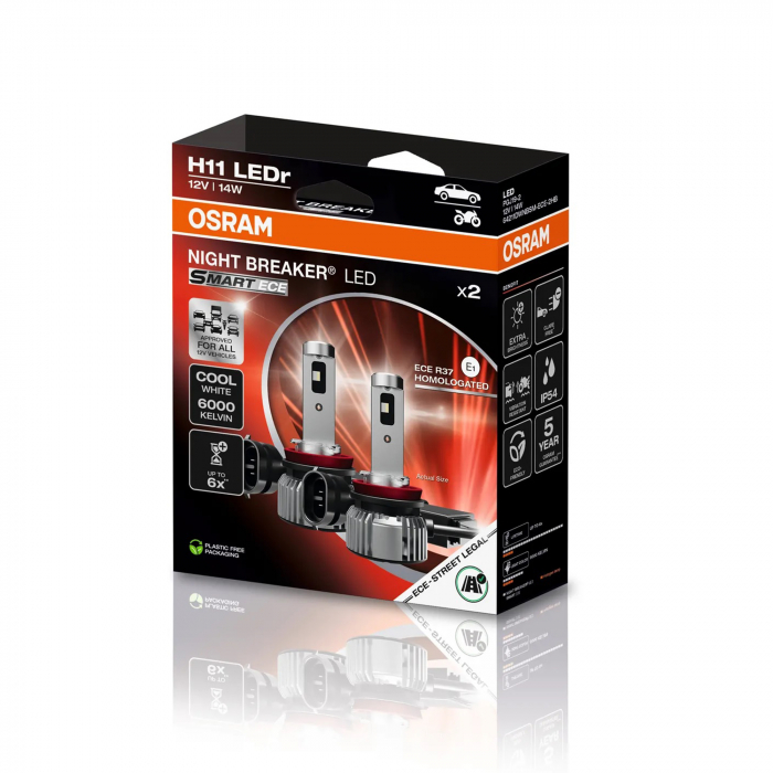 Set 2 H11 Osram Night Breaker Smart LED omologate RAR Street Legal 330%
