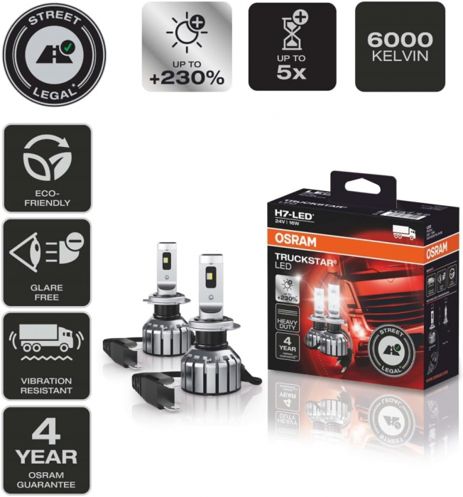 Produs resigilat - Set 2 H7 Osram Truckstar LED 24V omologare RAR Street Legal +230%