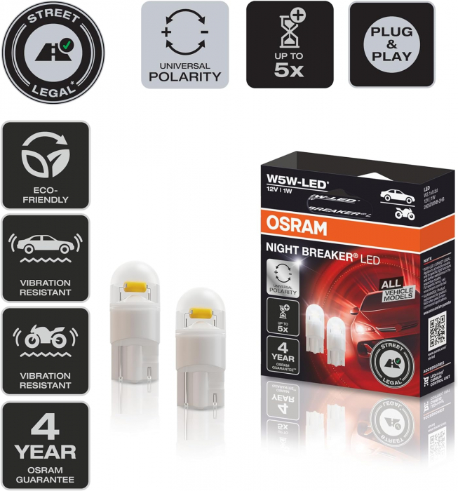 Set 2 W5W Osram Cutie Night Breaker LED omologare RAR Street Legal 6000K [2]