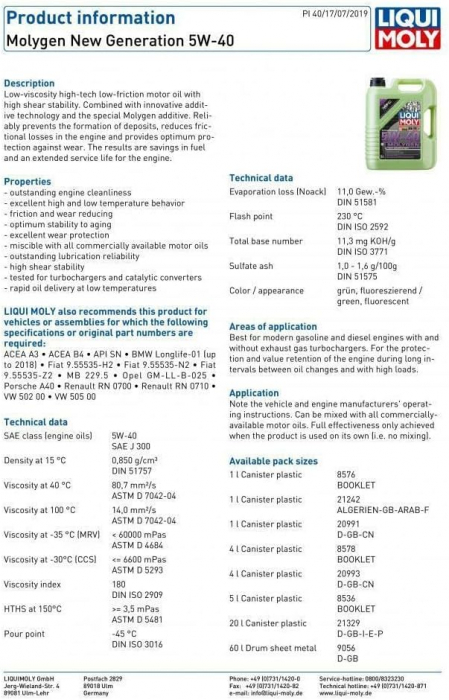 Ulei sintetic Liqui Moly Molygen New Generation 5W40 5 litri [2]