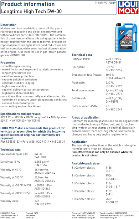 Ulei sintetic Liqui Moly Longtime High Tech 5W30 5 litri [2]