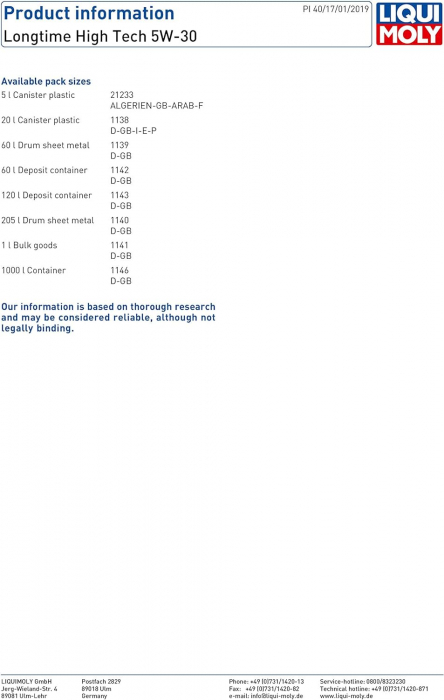 Ulei sintetic Liqui Moly Longtime High Tech 5W30 5 litri [3]