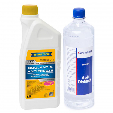 Uleiuri si Lichide - Pachet 2.5 litri antigel concentrat Ravenol C11 TTC Trad. Techn. galben si apa distilata