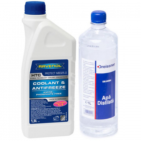 Uleiuri si Lichide - Pachet 2.5 litri antigel concentrat Ravenol HTC protect MB 325.0 albastru si apa distilata