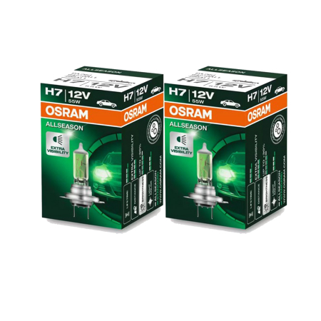 Halogen - Set 2 bucăți Bec Halogen H7 Osram All Season - +30% Lumină, Tentă Galbenă (Anti-Ceață) - 12V 55W