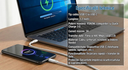 Cablu Date si Incarcare Rapida Joyroom M3, USB-C la USB-C, 60W Power Delivery, QC 3.0, 3A, Lungime 1.2m, Transfer Date 480Mbps, Alb, Compatibil Samsung, Huawei, MacBook [2]