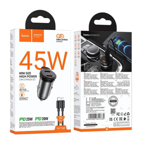 Cabluri si adaptoare telefoane - Incarcator Auto Hoco NZ16B, 45W Power Delivery, 2x Porturi USB-C, Cablu Lightning 1m Inclus, Incarcare Rapida, Design Metalic, Gri