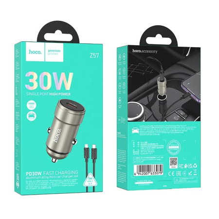 Cabluri si adaptoare telefoane - Incarcator Auto Rapid Hoco Z57, 30W Power Delivery, Port USB-C, Cablu Lightning 1m Inclus, Design Metalic, Auriu, Compatibil Apple