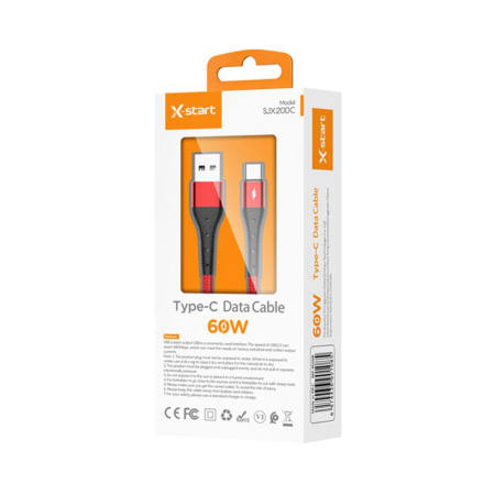 Cabluri si adaptoare telefoane - Cablu Date si Incarcare Rapida X-Start USB-A la USB-C, 60W Fast Charge, 1 Metru, Model SJX200C, Nylon Impletit, Transfer 480 Mbps