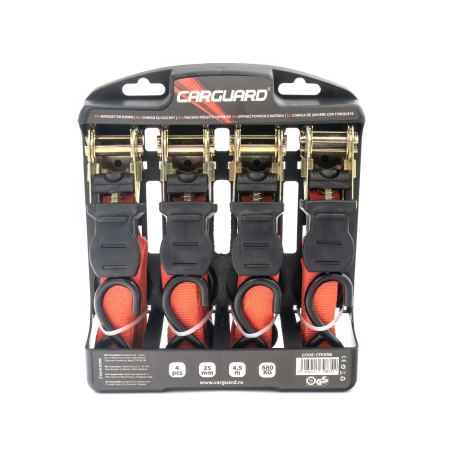 Set 4 Chingi Ancorare cu Clichet Carguard - 4.5m x 25mm - 680kg (Total 2.7 Tone) - Moto, ATV, Remorcă - Certificat TUV/GS [1]