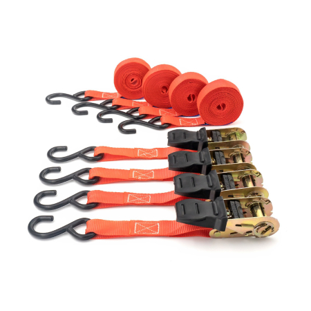 Branduri - Set 4 Chingi Ancorare cu Clichet Carguard - 4.5m x 25mm - 680kg (Total 2.7 Tone) - Moto, ATV, Remorcă - Certificat TUV/GS