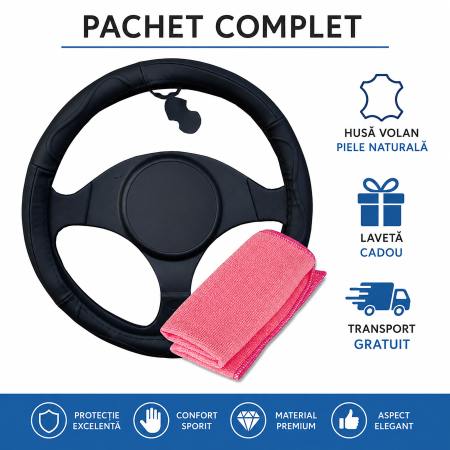 Husă Volan din Piele Naturală Neagră, 37-38 cm – Calitate Premium + Cadou Lavetă Microfibră [0]