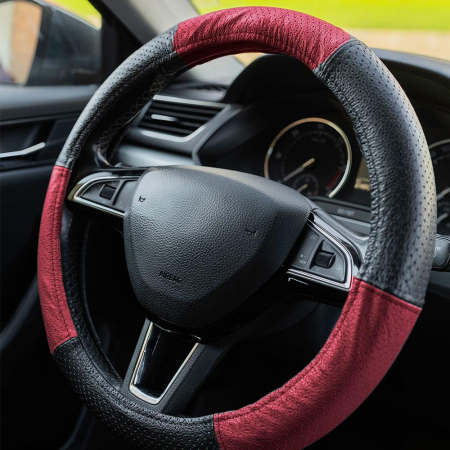 Husă Volan Umbrella Piele Naturală Perforată - Negru/Roșu, 37-39 cm [2]