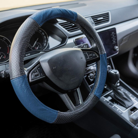 Husă Volan Umbrella Piele Naturală Perforată - Albastru/Negru, 37-39 cm [2]