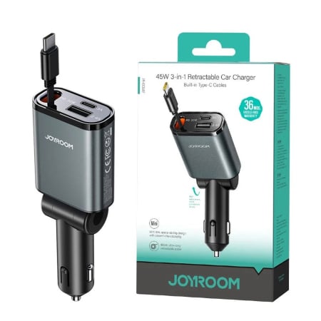 Branduri - Încărcător Auto Joyroom JR-CCL07 (PD 60W & QC 3.0) cu Cablu USB-C Retractabil (1m) + Port USB-A, Negru