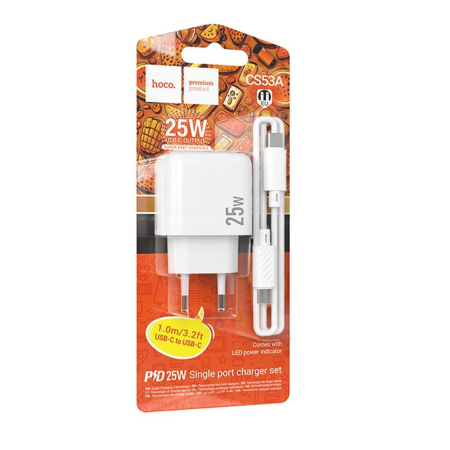 Cabluri si adaptoare telefoane - Pachet Încărcător Rețea HOCO CS53A, 25W FastCharge (USB-C) + Cablu USB-C 1 metru, Alb
